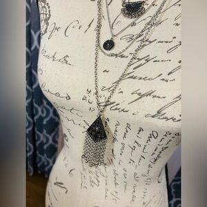 Elegant Silver and Black Layered Necklace with earrings.